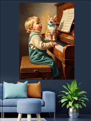 Artmeg Piyano Çalan Küçük Çocuk ve Kedi Dekoratif Kanvas - Mdf Ahşap Tablo