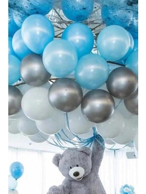 Feyza Design 50 Adet Metalik Açık Mavi Beyaz Gümüş Gri Balonlar