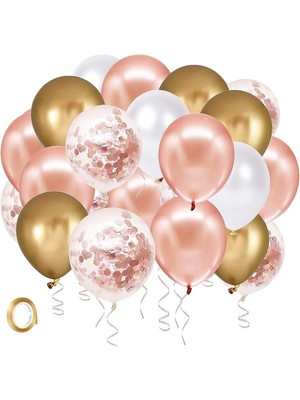 Feyza Design 40 Adet Metalik Gold, Beyaz ve Rose Gold Konfetli Balon Seti