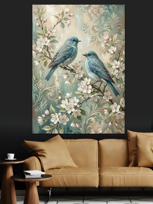 Tablomega Bahar Dalları Arasında Mavi Kuşlar Dekoratif Kanvas - Mdf Ahşap Tablo