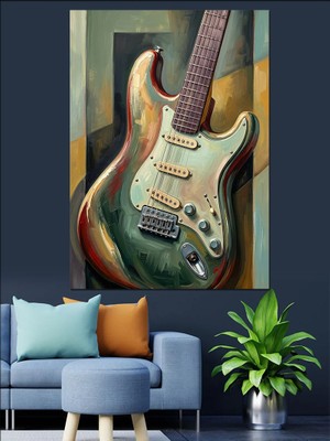 Tablomega Renkli Boya Dokulu Elektro Gitar Dekoratif Kanvas - Mdf Ahşap Tablo