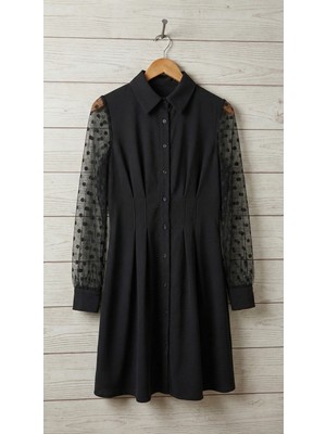 Runiquehome Kadın Uzun Kollu Yakalı Düğmeli Mini Ithal Krep Elbise