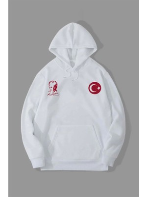 Meğdaix 10 Kasıma Özel Üç Iplik Kapşonlu Baskılı Sweatshirt - Beyaz