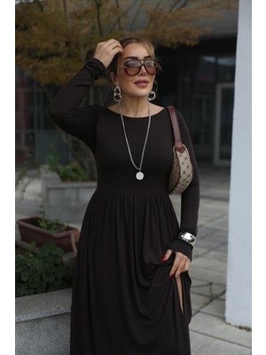 Sun&north Kadın Kayık Yaka Sırt Dekoltesi ve Yırtmaç Detay Maxi Boy Elbise