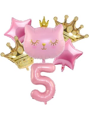 Feyza Design Turkuaz Folyo Balon Seti - Kral Taçlı Kedi Tasarımı