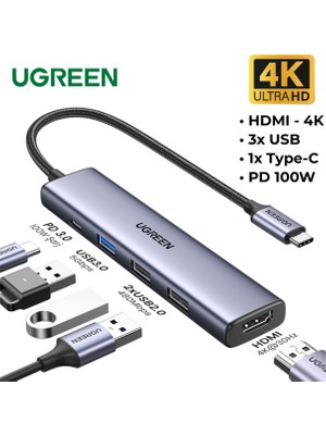 Ugreen Revedok 5'i 1 Arada Type-C Giriş, 3xUSB-A, 1xUSB-C PD 100W, 4K/30Hz HDMI, USB HUB, Dock Station, Docking Station, USB Çoklayıcı, Dönüştürücü, 15495