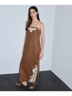 İpekyol Kontrast Aplikeli Keten Elbise IS1260002260053