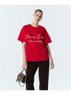 Twist Suni Incili Sloganlı Tişört TS1260070224034