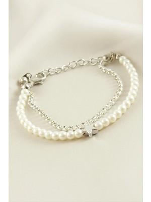 İsmiyle Al Yıldız Şerit Taşlı Inci Bileklik