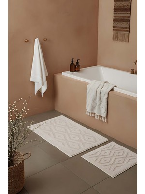 Krem Elmas Desenli Pamuklu  2’li Banyo & Klozet Paspas Takımı