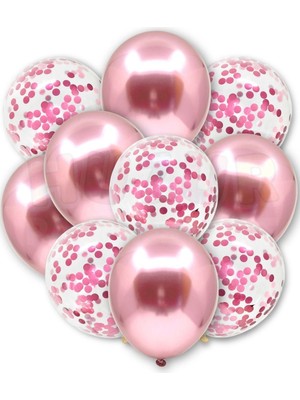 Feyza Design Pembe Konfetili Şeffaf ve Pembe Krom Balon Seti 20 Adet 30 cm