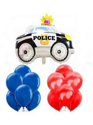 Feyza Design Mavi Polis Arabası Figür ve Balon Seti - Şişirilebilir