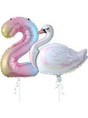 Feyza Design Kuğu Balon Gökkuşağı Rakam Folyo Balon Set Yaş 2