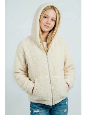 Breeze Kız Çocuk Polar Hırka Kapüşonlu Fermuarlı Cepli 8-14 Yaş, Krem