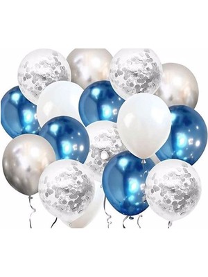 Feyza Design Krom Mavi Gümüş Pastel Beyaz Konfetli Çok Renkli Balon Seti