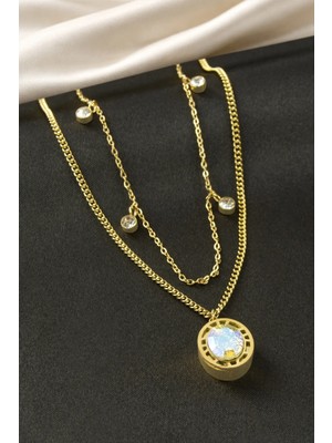 İsmiyle Al Oval Taşlı Çelik Ikili Kolye