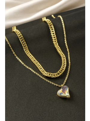 İsmiyle Al Kalp Taşlı Çelik Ikili Kolye