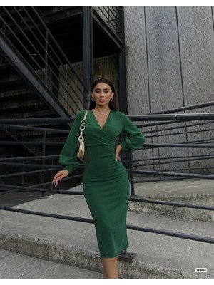 Ne Verelim Size Kadın Kruvaze Yaka Balon Kol Simli Krep Kumaş Midi Boy Elbise