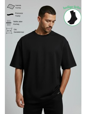Allunique Erkek Pamuklu Oversize Bisiklet Yaka Siyah T-Shirt