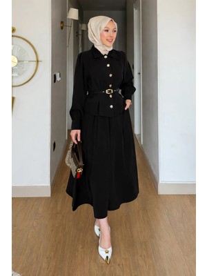 Tesettür Diyarı Nale Cupra Tansel Kumaş Kemerli Gömlek- Etek Tesettür Takım- Siyah
