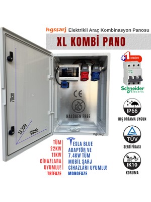 Hgsşarj "xlkombi" 5X32A + 3X32A + 1X16A 22KW Trifaze 7kw Monofaze Elektrikli Araç Kombinasyon Panosu Tesla Blue Adaptör Uyumlu Sch Neider Sigorta Grubu Kombinasyon Kutusu