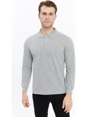 Uniprom Erkek Uzun Kollu Polo Yaka Pamuk Tişört Uzun Kollu T Shirt Gri Melanj