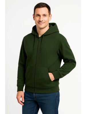 Moda Loris Erkek Üç Iplik Kapüşonlu Tam Fermuarlı Kanguru Çepli Sweatshirt Hoodie - Haki