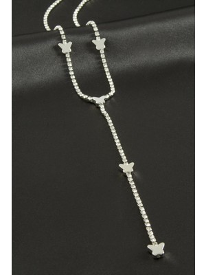 İsmiyle Al Kelebek Şerit Taşlı Çelik Y Kolye