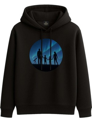 Espina Premium Kuzey Işıkları Aile Baskılı Kapüşonlu Sweatshirt