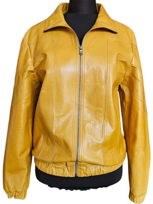 Asus Deri - Hakiki Deri Hardal Renk Retro Tasarım Bomber Deri Ceket