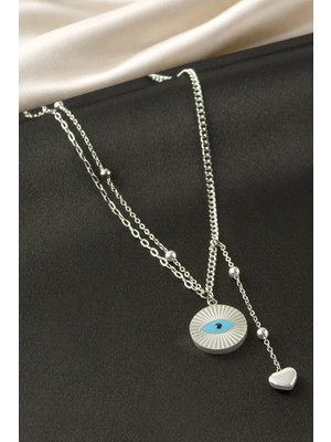 İsmiyle Al Göz Kalp Çelik Ikili Kolye