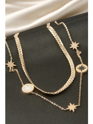 İsmiyle Al Yıldız Sedef Çelik Ikili Kolye