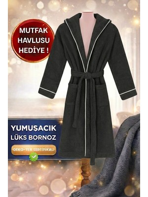 Layvera Erkek-Kadın Antrasit Bornoz | %100 Pamuk-Kapüşonlu-Biyeli-Cepli-Siyah