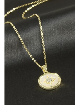 İsmiyle Al Yıldız Sedef Zirkon Taşlı Lüks Çelik Kolye