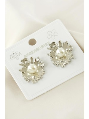 İsmiyle Al Çiçek Metal Inci Küpe