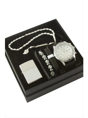 İsmiyle Al Kayışlı Kol Saati Tesbih Bileklik ve Çakmak Kutulu Set