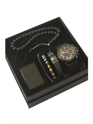 İsmiyle Al Kayışlı Kol Saati Tesbih Bileklik ve Çakmak Kutulu Set