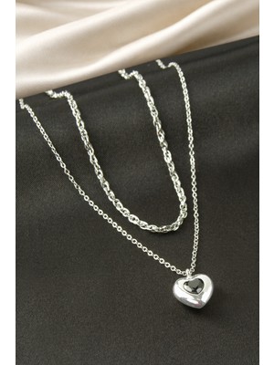 İsmiyle Al Kalp Taşlı Çelik Ikili Kolye