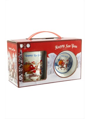 İsmiyle Al Noel Baba Desenli Yılbaşı Seramik Tabaklı Kupa