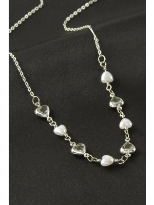 İsmiyle Al Kalp Inci Kristal Taşlı Kolye