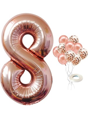 Feyza Design 8 Yaş Pembe Rakam Balon Seti Konfetli Eğlence Malzemesi