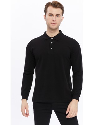 Uniprom Erkek Uzun Kollu Polo Yaka Pamuk Tişört Uzun Kollu T Shirt Siyah