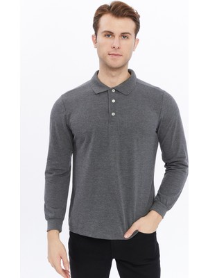 Uniprom Erkek Uzun Kollu Polo Yaka Pamuk Tişört Uzun Kollu T Shirt Antrasit Melanj