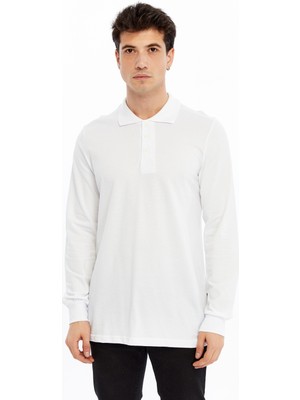 Uniprom Erkek Uzun Kollu Polo Yaka Pamuk Tişört Uzun Kollu T Shirt Beyaz