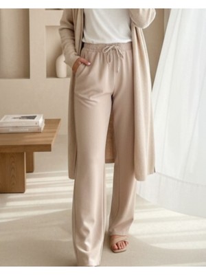 Modamorfo Çift Cepli Beli Lastikli Bağcık Detaylı Pantolon    -Taş