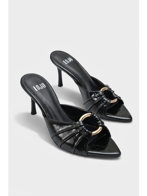 Lojo Kadın Sivri Burun Altın Toka Detaylı Topuklu Terlik Mias Siyah