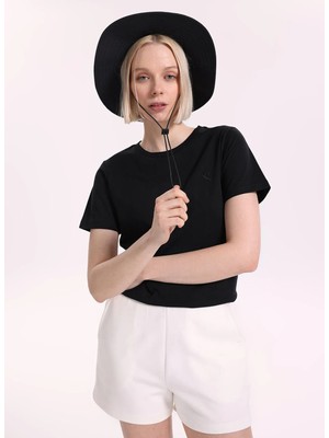 Fabrika Kadın T-Shirt Kısa Kol Düz Siyah Günlük Pamuk Bisiklet Yaka S Beden