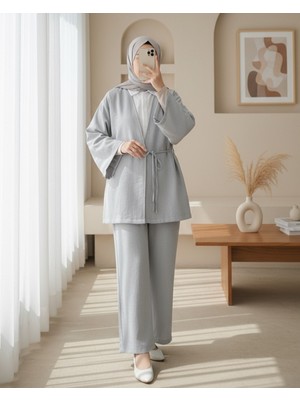 Modamorfo Önden Bağlamalı Pantolonlu Kimono Takım         -Açık Gri