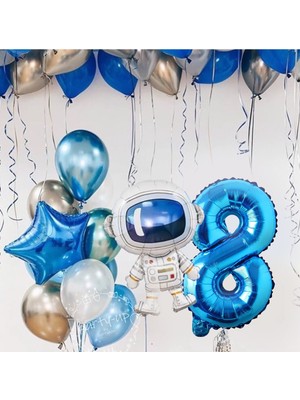 Feyza Design Astronot Roket Uzay Temalı 8 Yaş 100CM Mavi Rakamlı Balon Seti