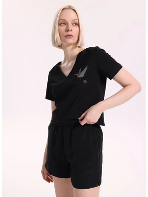 Fabrika Siyah Kadın Regular Fit Baskılı T-Shirt F6SL-TST0298